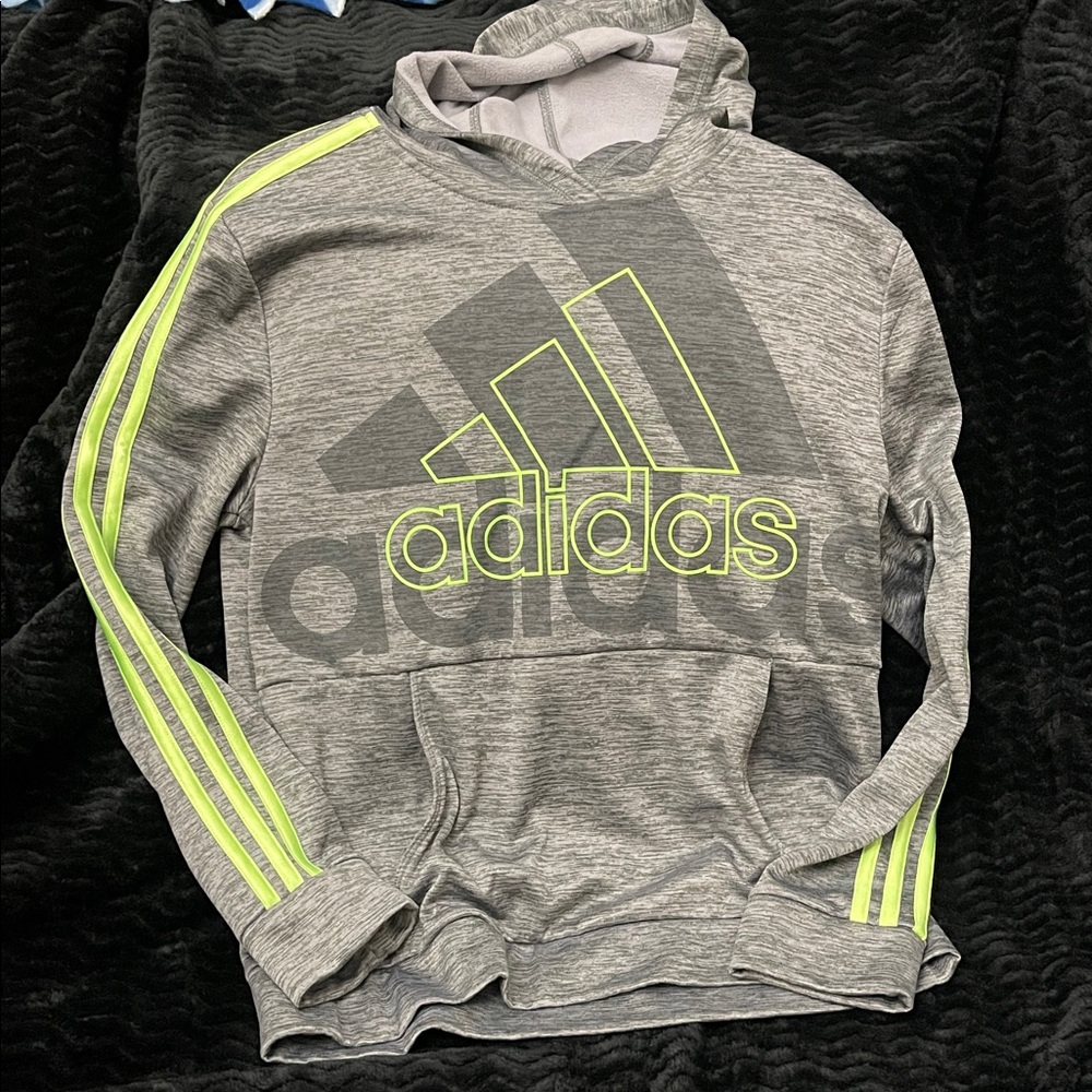 Boy’s Adidas Heather Gray Hoodie with Lime Stripes size large